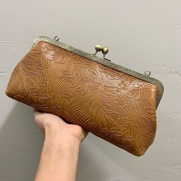 Handmade Genuine Leather Embossed Leaves Kisslock Clutch/Shoulder Bag/Crossbody - Picture 7 of 13